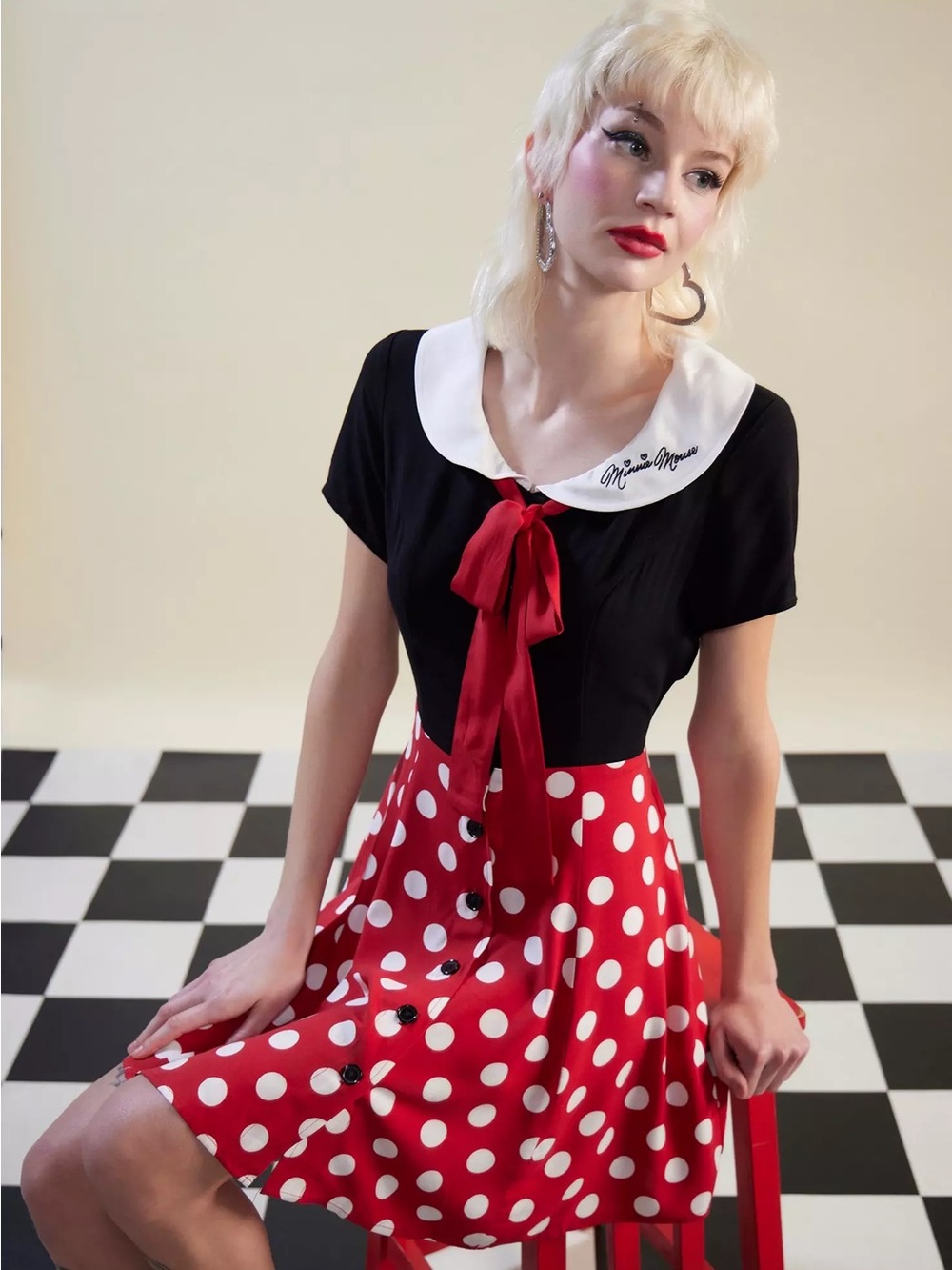 Her Universe Black Bodice Red Polka Dot Mini Dress with White Collar